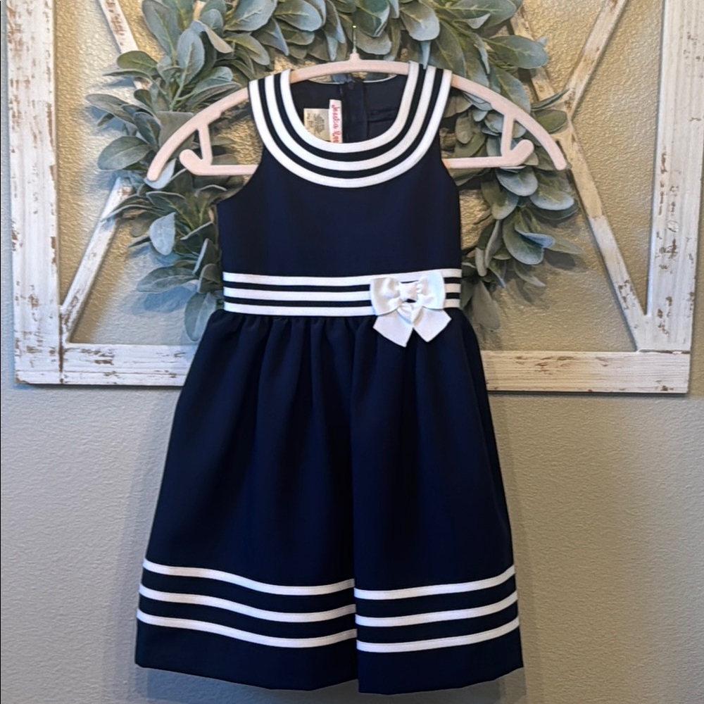 Navy and White Kids Dress with Bow